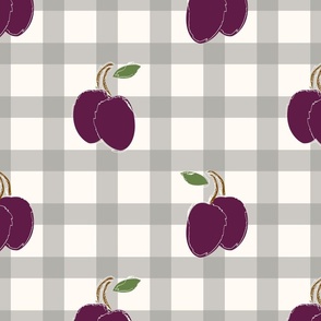 Purple Plums on grey and white gingham pattern - xl