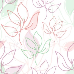 abstract nature - lineart leaves coral grass and peony - botanical wallpaper