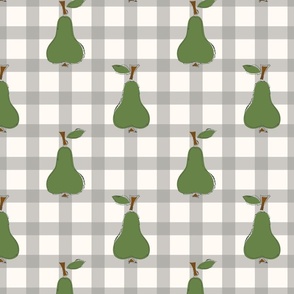 Green pears  on grey and white gingham pattern - large