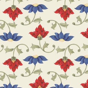 Red and Blue Folk Art Flowers (Cream) Large