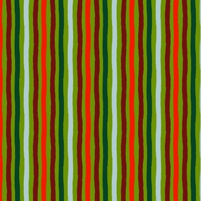 Red, burgundy, green and light blue stripes