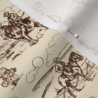 A Day On The Plains in Coffee - Cowboy Toile, Western Toile, Vintage Toile, Cowboy