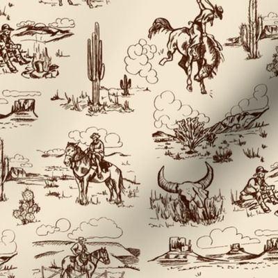 A Day On The Plains in Coffee - Cowboy Toile, Western Toile, Vintage Toile, Cowboy