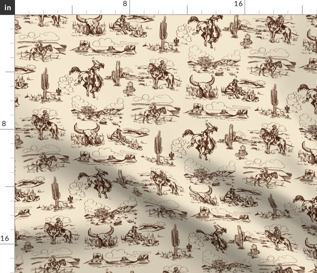 A Day On The Plains in Coffee - Cowboy Toile, Western Toile, Vintage Toile, Cowboy