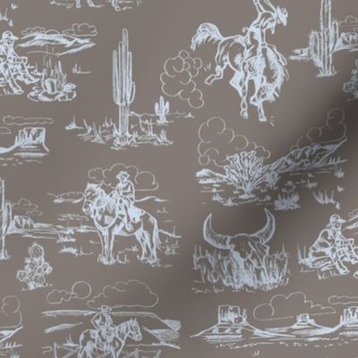 A Day On The Plains in Smoke - Cowboy Toile, Western Toile, Vintage Toile, Cowboy