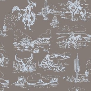 A Day On The Plains in Smoke - Cowboy Toile, Western Toile, Vintage Toile, Cowboy