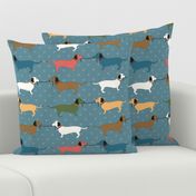 Dachshund Teamwork on blue with dots  - medium