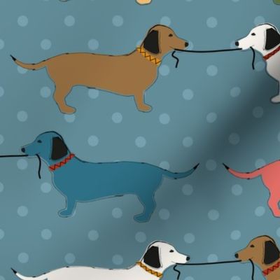 Dachshund Teamwork on blue with dots  - medium