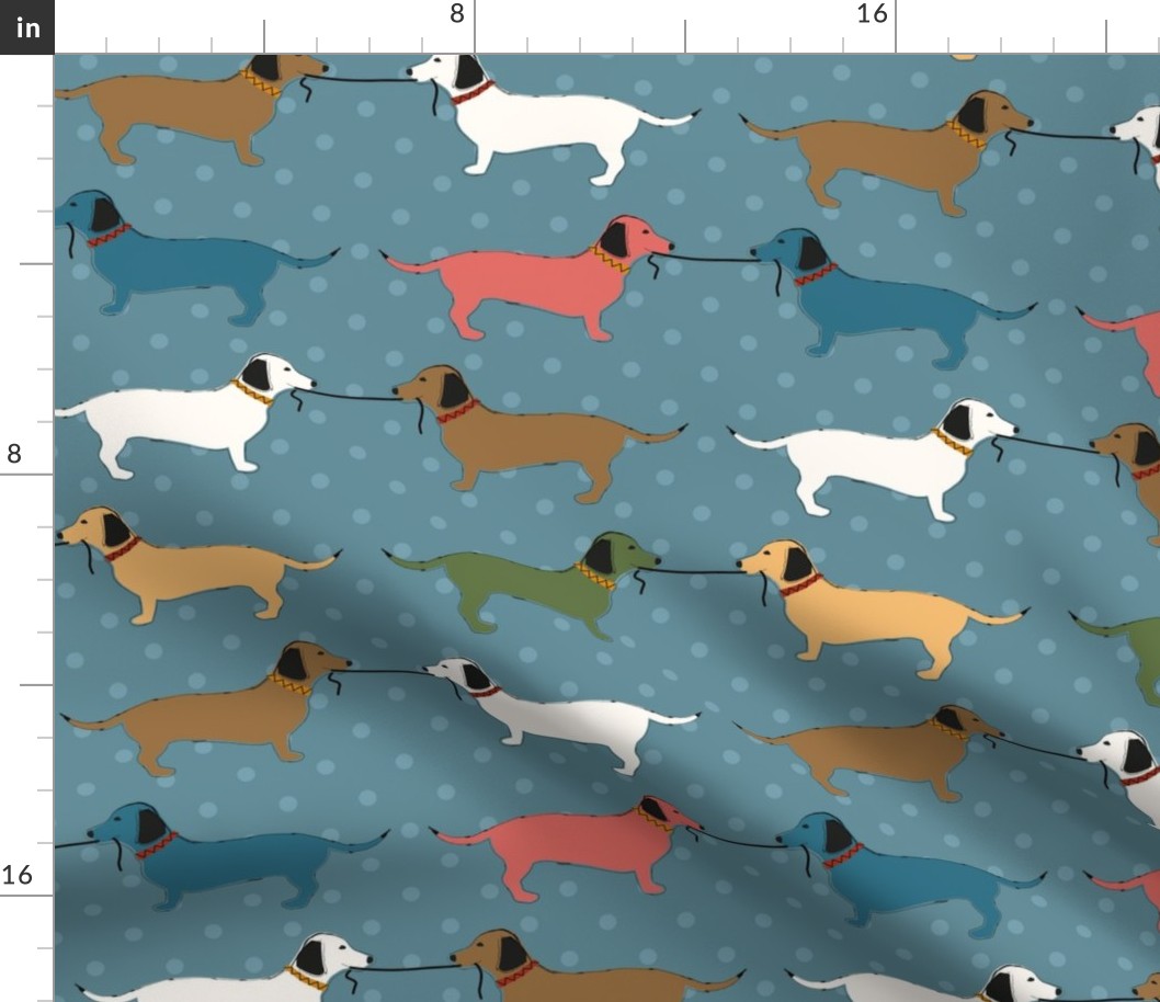 Dachshund Teamwork on blue with dots  - medium