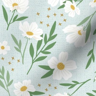 White Floral Frenzy - Sky/Clover, Large Scale