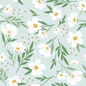 White Floral Frenzy - Sky/Clover, Large Scale