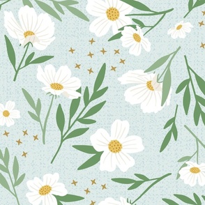 White Floral Frenzy - Sky/Clover, Jumbo Scale