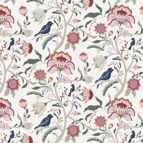 vintage folk flowers and birds on off white