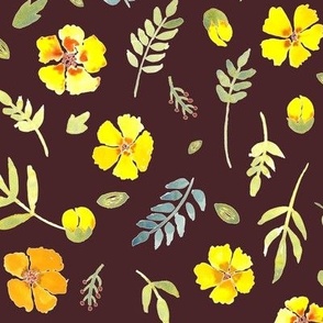 268 - Large jumbo scale watercolour bold Yellow florals sage green and  dark chocolate brown for retro apparel and home decor