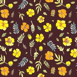 268 - Small scale Yellow  and sage green watercolor florals and foliage - for kids apparel, table linen, non directional tossed 