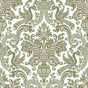 PEACOCK DAMASK IN BYZANTINE GREEN FAUX FLOCKED - Large Repeat