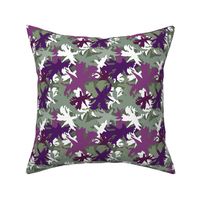 Overlapping Camouflage Botanical Motifs In Purple Greens And White Small Scale