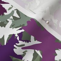 Overlapping Camouflage Botanical Motifs In Purple Greens And White Small Scale