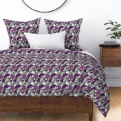 Overlapping Camouflage Botanical Motifs In Purple Greens And White Small Scale