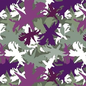 Overlapping Camouflage Botanical Motifs In Purple Greens And White Small Scale