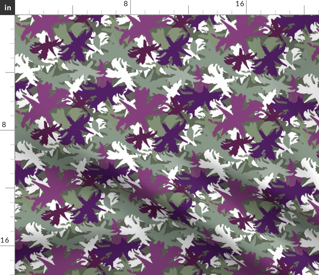 Overlapping Camouflage Botanical Motifs In Purple Greens And White Small Scale