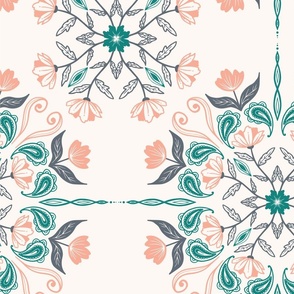 Floral Mandala Tile - Jumbo - Pink, Teal, Gray, Cream