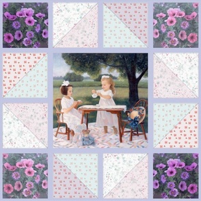 18x18-Inch Half-Drop Repeat of Tea Party Fun in Summertime Faux Quilt