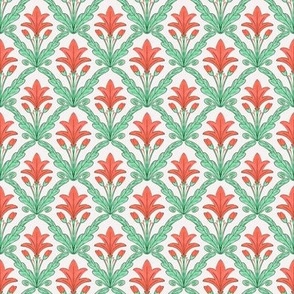 Regency style diamond damask  with bold peony orange lilies and emerald green foliage  - jumbo scale for grasscloth wallpaper, girls dresses, feminine duvet covers and romantic sheets, pjs and apparel. 