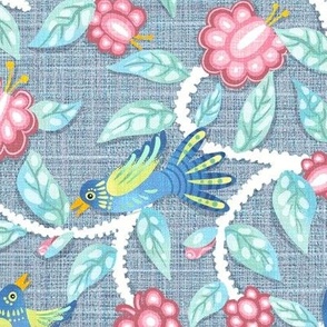 large - romantic garden party with tweeting birds on muted blue - large scale