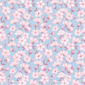 M-scale Pink cherry blossoms on light blue background l