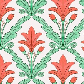 Regency style diamond damask  with bold peony orange lilies and emerald green foliage  - large  scale for grasscloth wallpaper, girls dresses, feminine duvet covers and romantic sheets, pjs and apparel. 