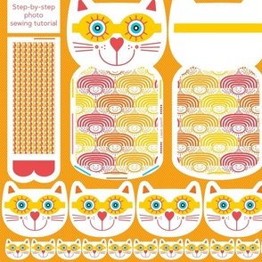 cut and sew stuffed animal fun soft toy cat - orange pink yellow rainbows with faces - ANUENUE