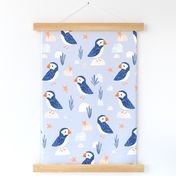 Puffins in light blue