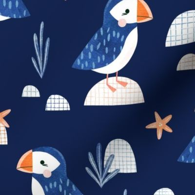 Puffins in navy