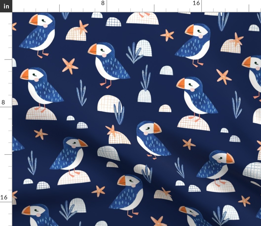 Puffins in navy