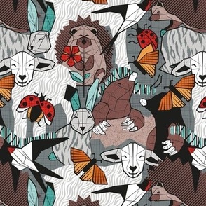 Small scale // Geo spring animal party // green grey linen texture background brown aqua mint orange and neon red details
