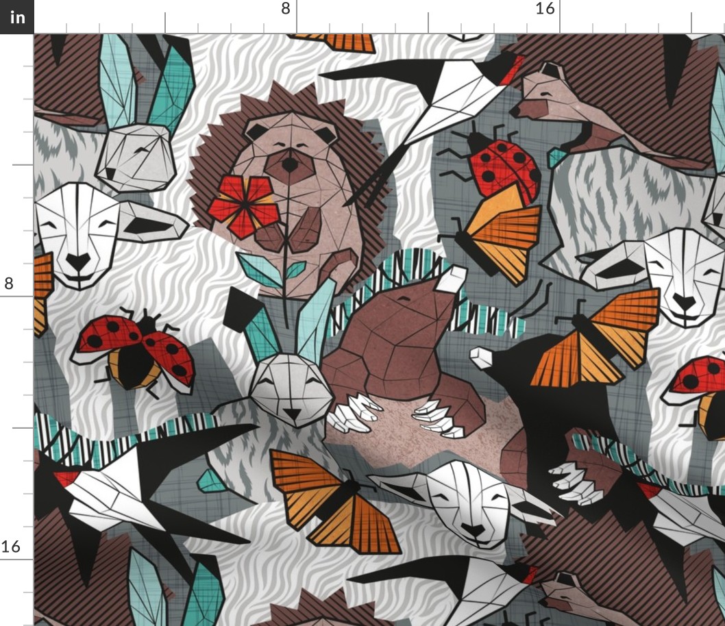Normal scale // Geo spring animal party // green grey linen texture background brown aqua mint orange and neon red details