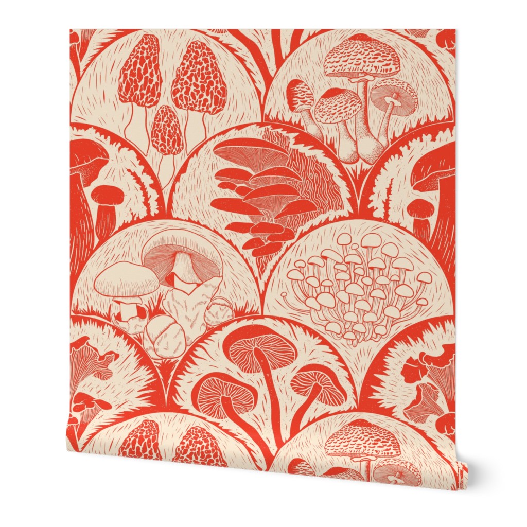Edible Woodland Botanical Mushroom scallop Block Print retro red L