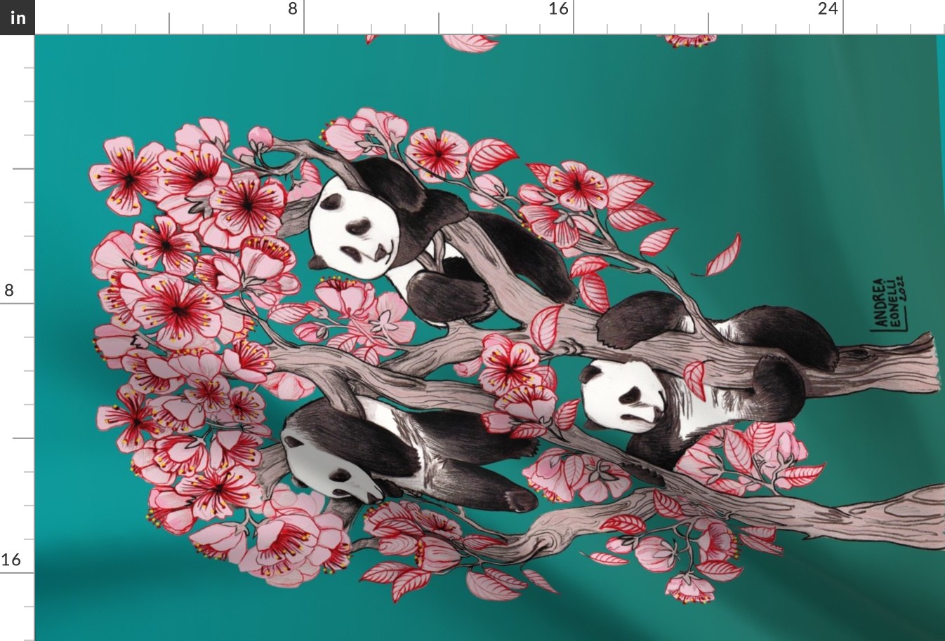 Pandas in a cherry blossom tree (tea towel/wall hanging)