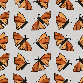 Normal scale // Geometric monarch butterflies // grey textured background orange insects