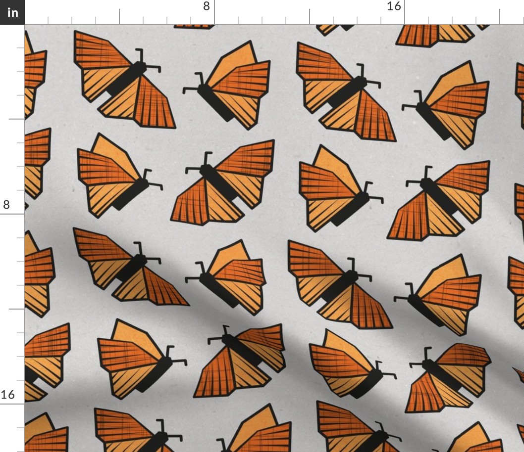 Normal scale // Geometric monarch butterflies // grey textured background orange insects