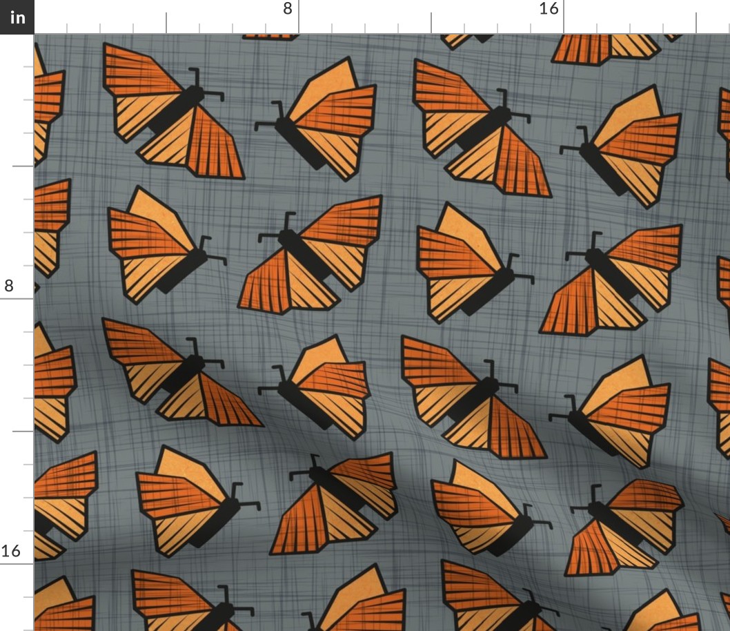 Normal scale // Geometric monarch butterflies // green grey linen textured background orange insects