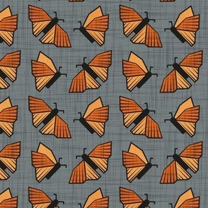 Small scale // Geometric monarch butterflies // green grey linen textured background orange insects