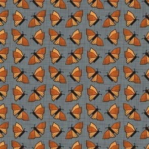 Tiny scale // Geometric monarch butterflies // green grey linen textured background orange insects