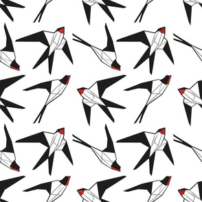 Normal scale // Geometric spring swallows // white background black and white birds neon red beak
