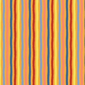 Yellow, salmon pink, red and blue stripes