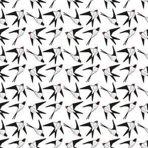 Tiny scale // Geometric spring swallows // white background black and white birds neon red beak