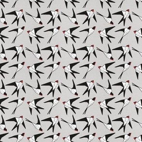 Tiny scale // Geometric spring swallows // grey textured background black and white birds neon red beak