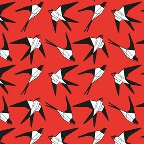 Small scale // Geometric spring swallows // neon red background black and white birds neon red beak