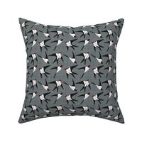 Small scale // Geometric spring swallows // green grey linen texture background black and white birds neon red beak